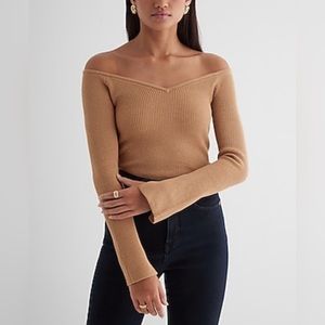 EXPRESS NWT Ribbed Fitted Off The Shoulder Sweater, Pecan, Size M